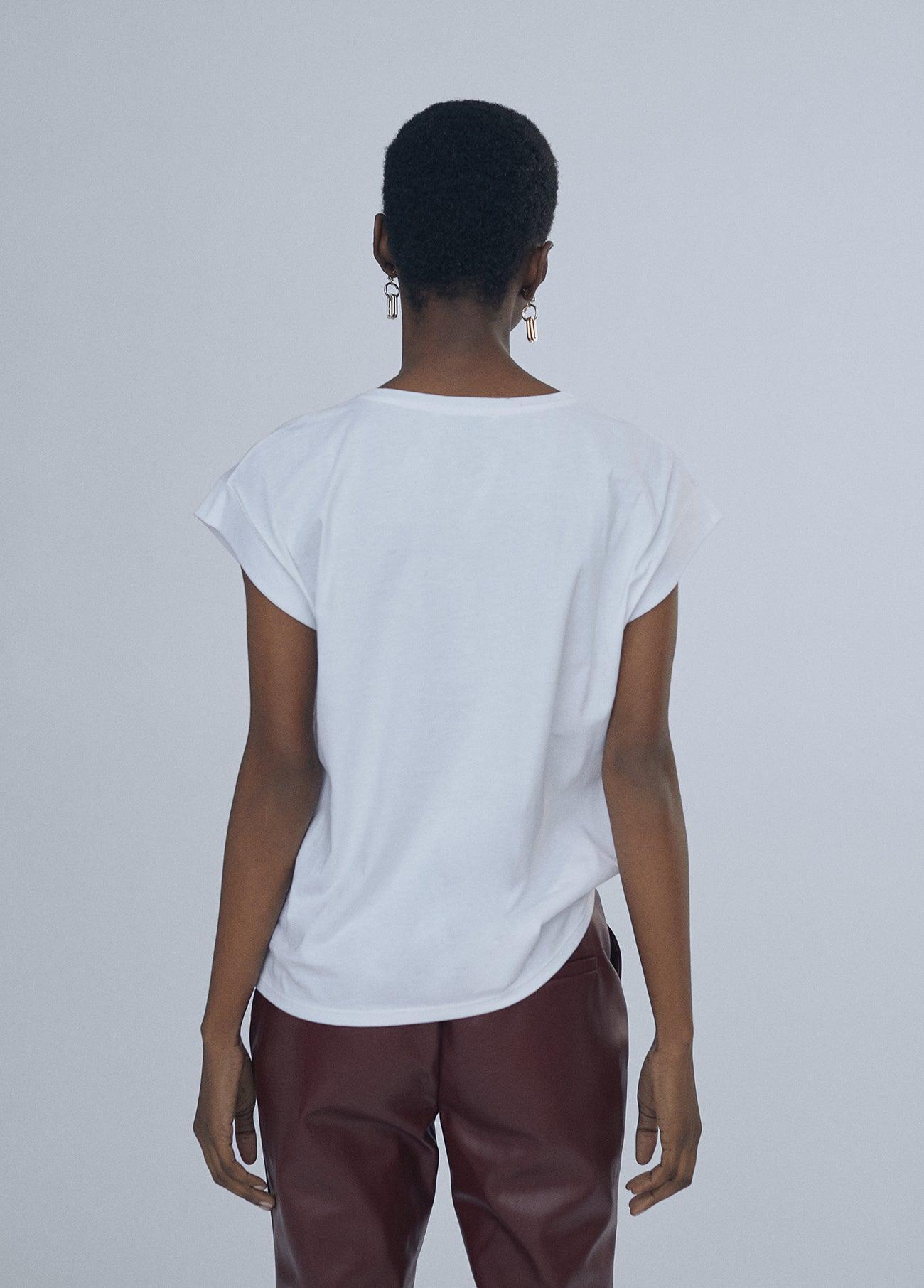 12462017-Short sleeve geometric detail T-shirt-White