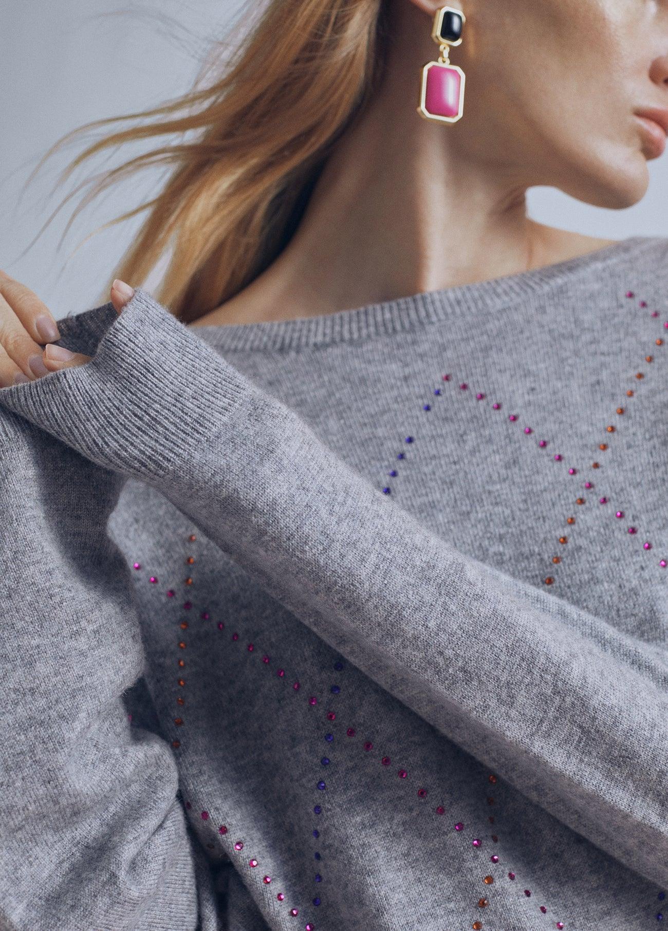 32461007-Multicoloured rhinestone detail sweater-Grey