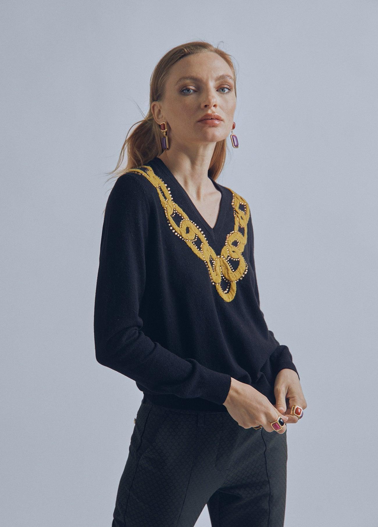 32461010-Chain jacquard sweater-Black