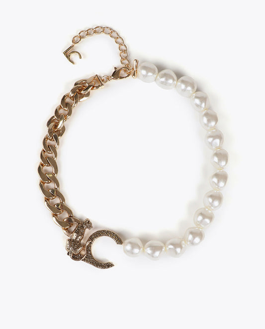 Short Leopard Logo Necklace with Chains and Pearls