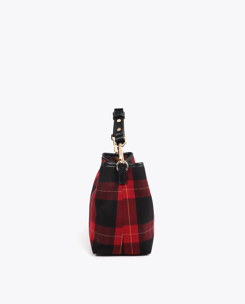 Plaid Fabric Pouch with Crest Patch