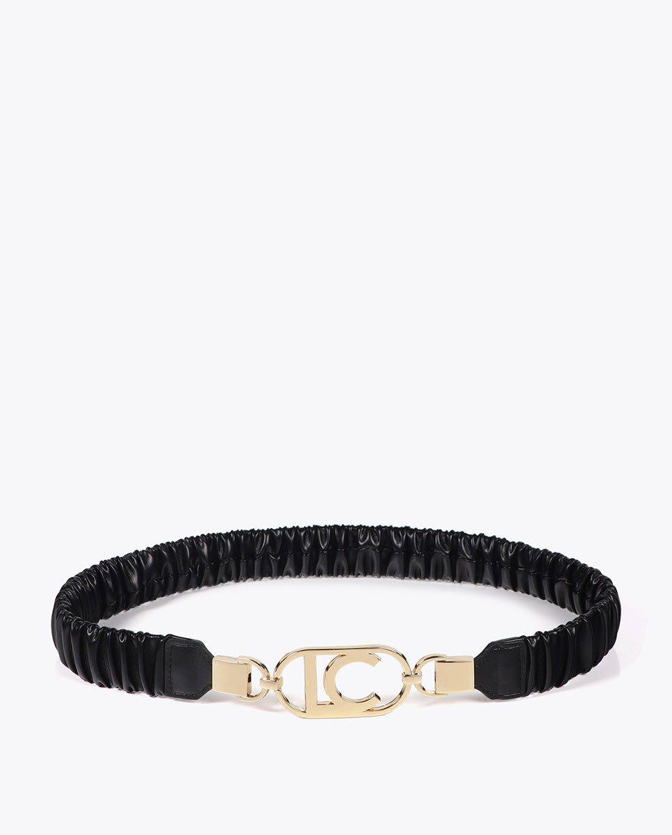 Elastic Faux Leather Belt with Oval Logo