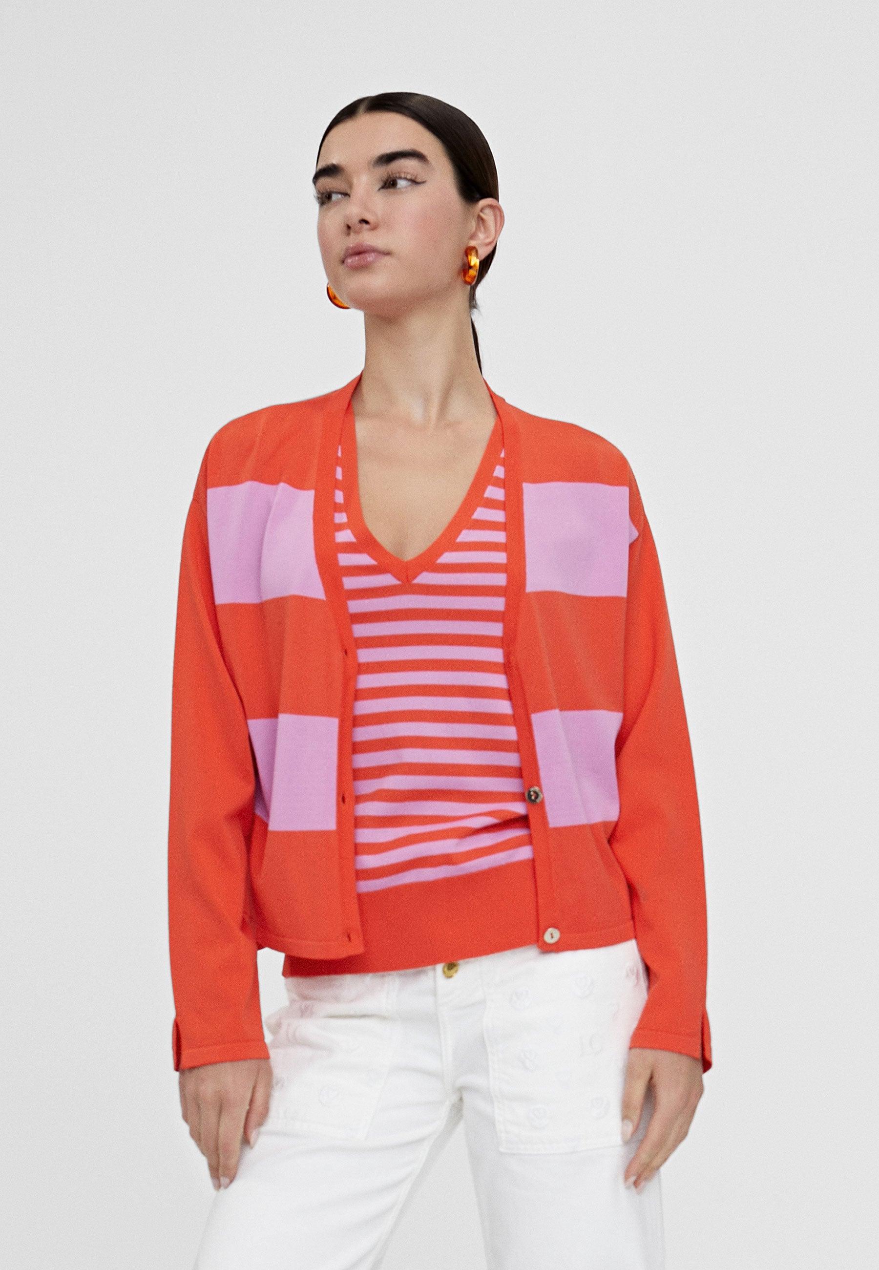 LS2411003-Red-Pink-Two-tone striped knit cardigan
