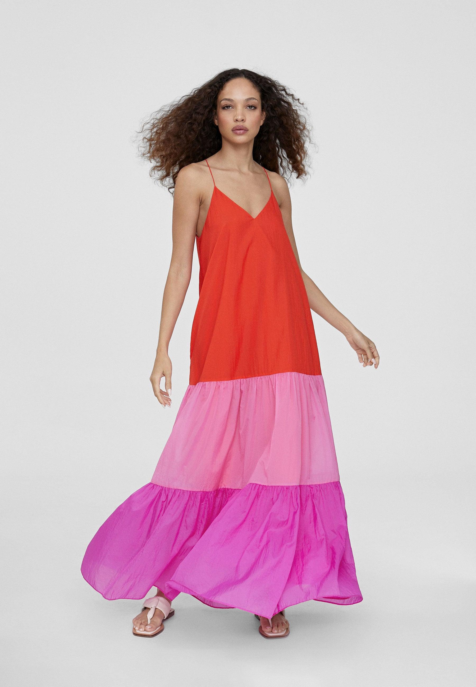 LS2416007-Pink-Long three-tone dress