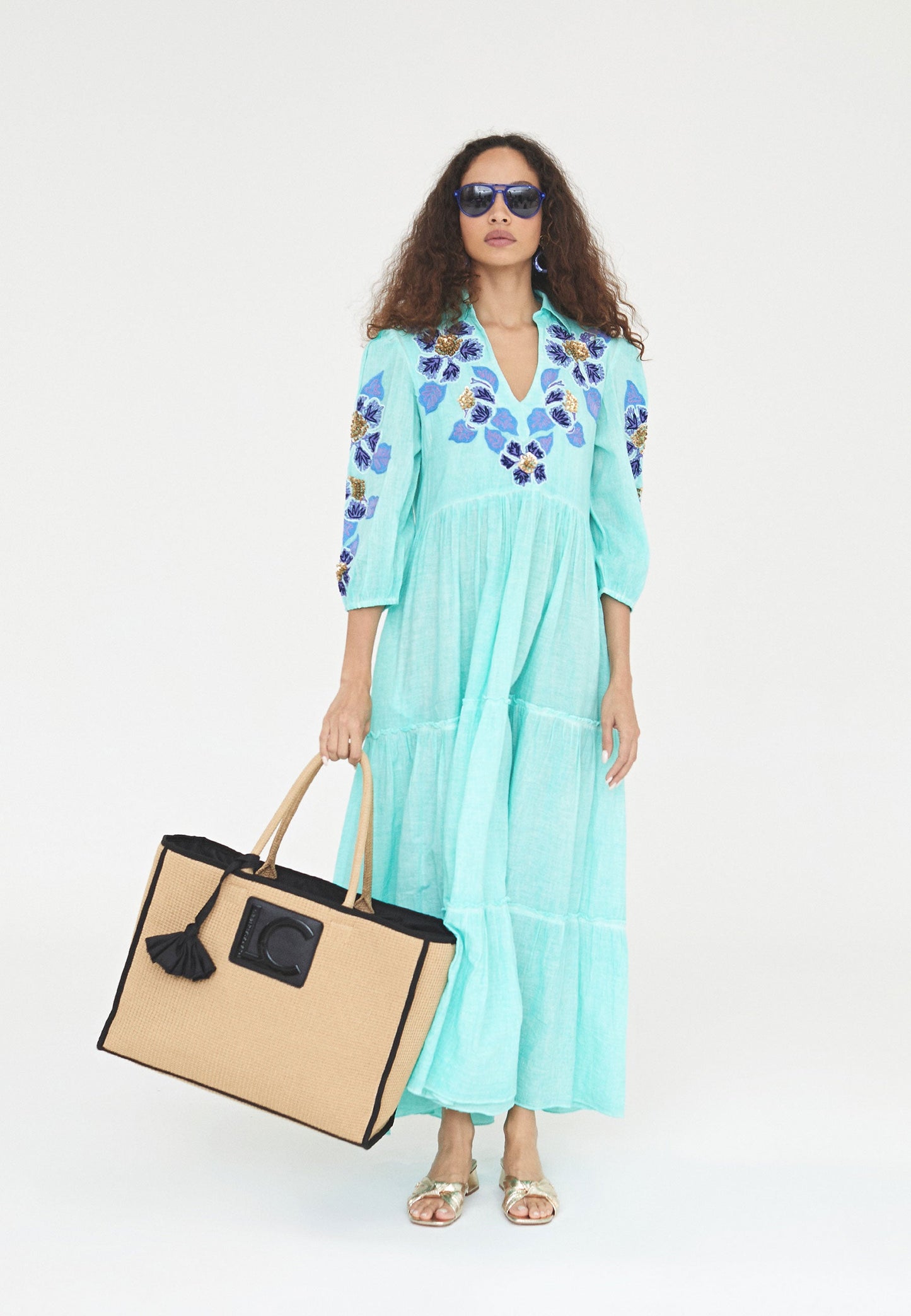 LS2416026-Turquoise-Long embroidered caftan
