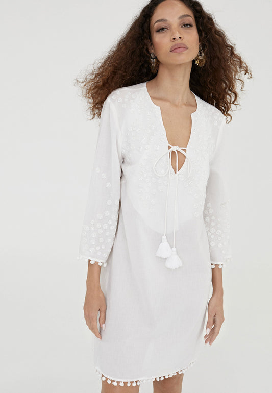 LS2416067-Ecru-Short embroidered caftan