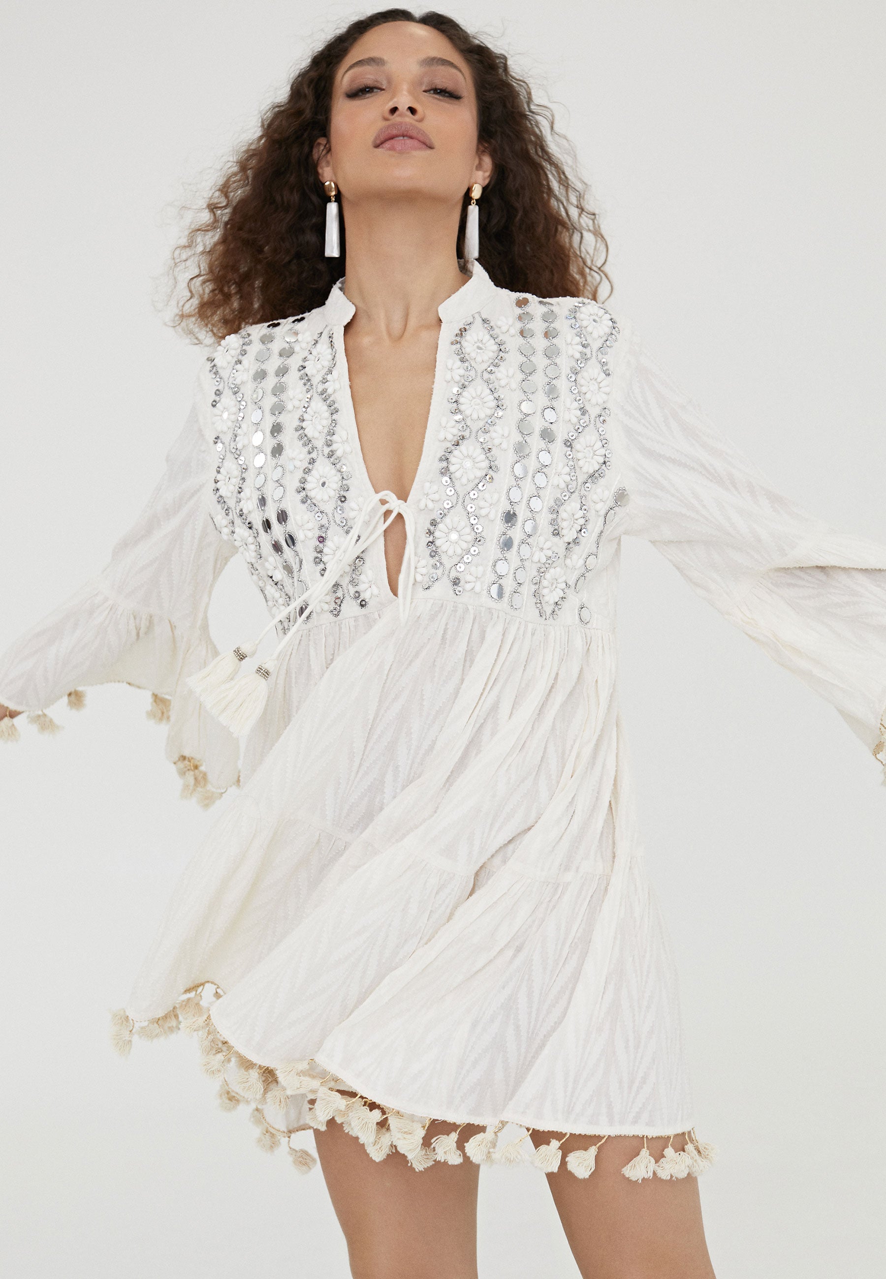 LS2416071-Ecru-Short embroidered caftan