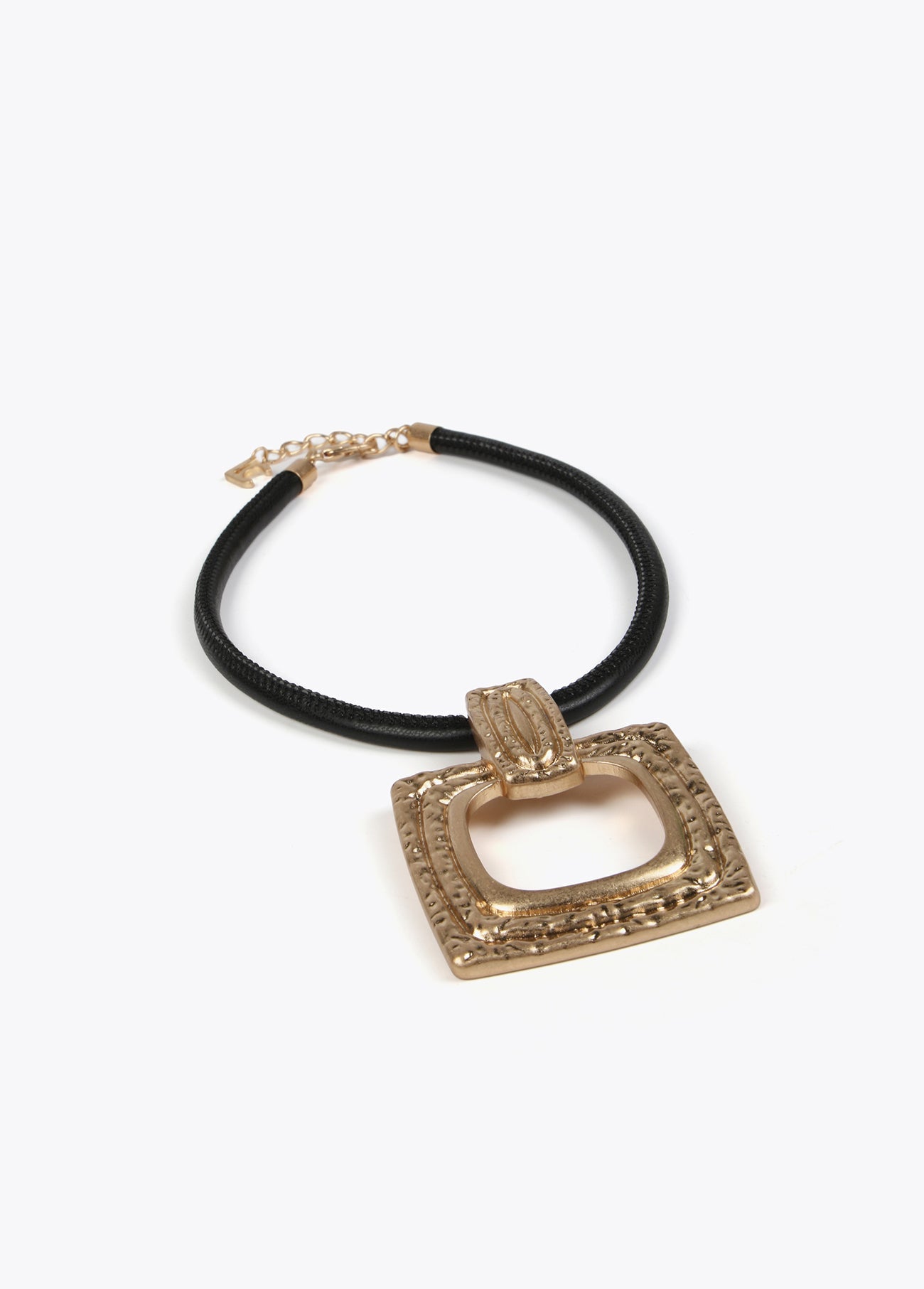 Gold-toned necklace with a black cord.