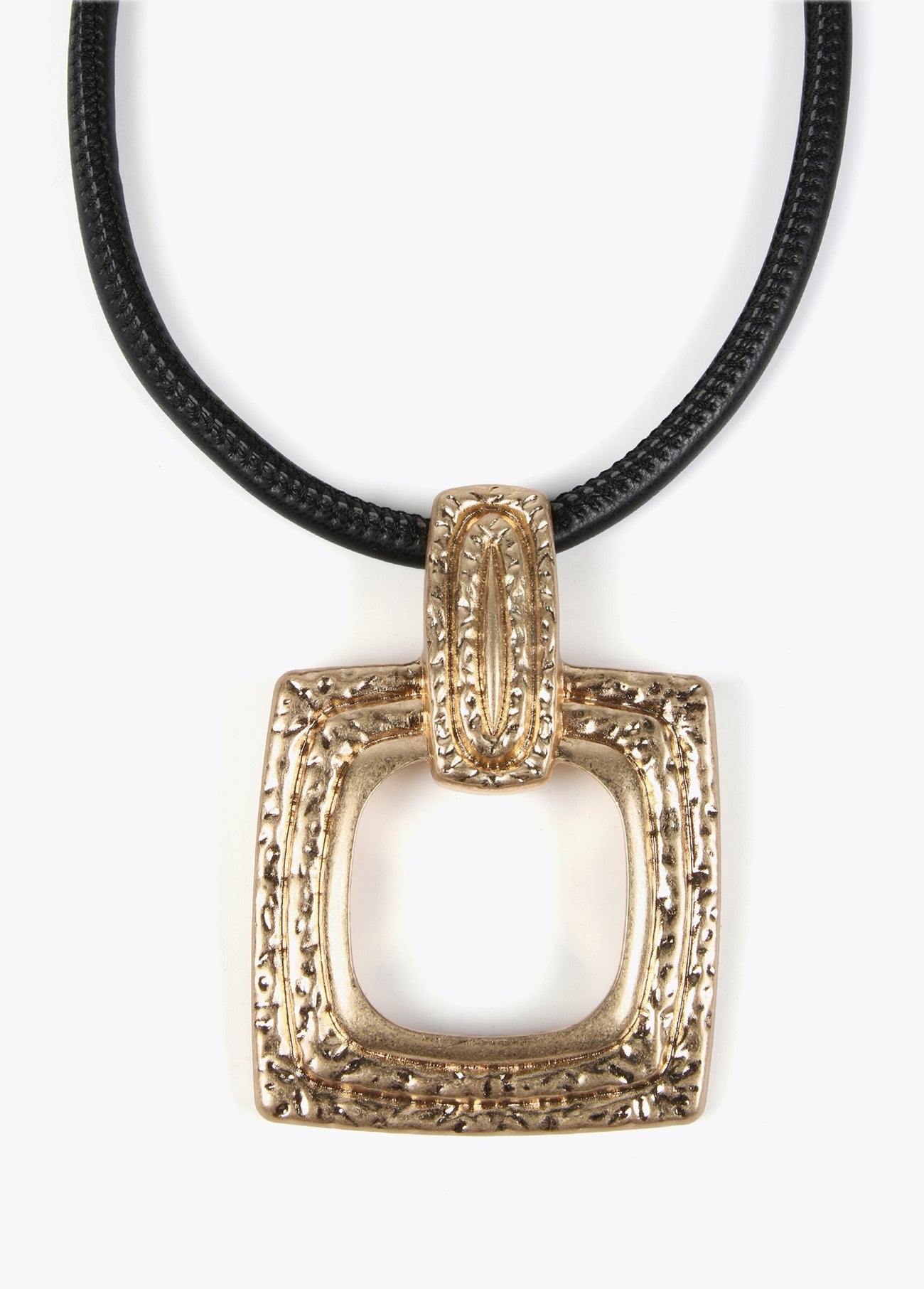 Gold-toned necklace with a black cord.