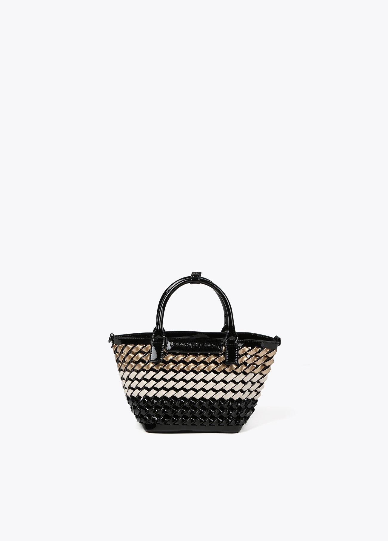 Woven faux patent mini tote bag