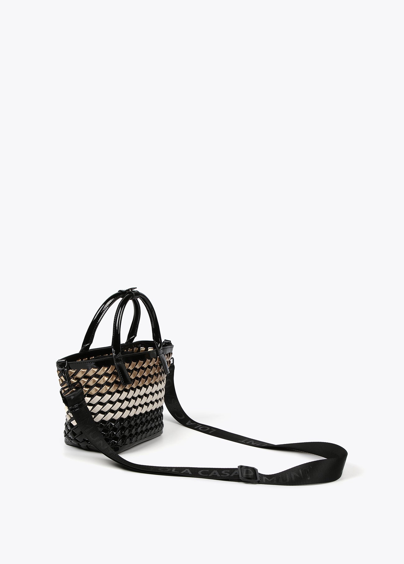 Woven faux patent mini tote bag