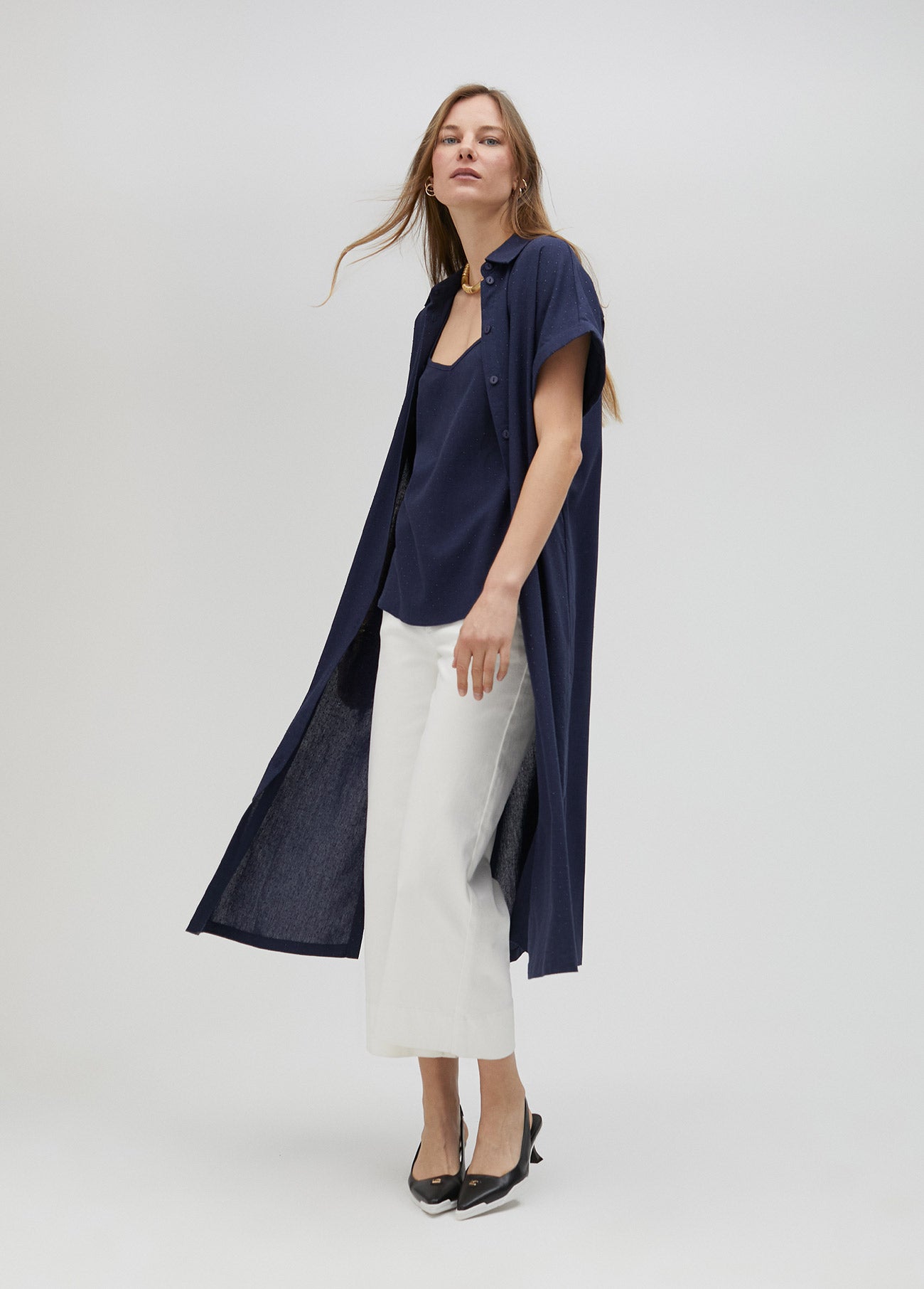 Long oversize blouse with rhinestone detail