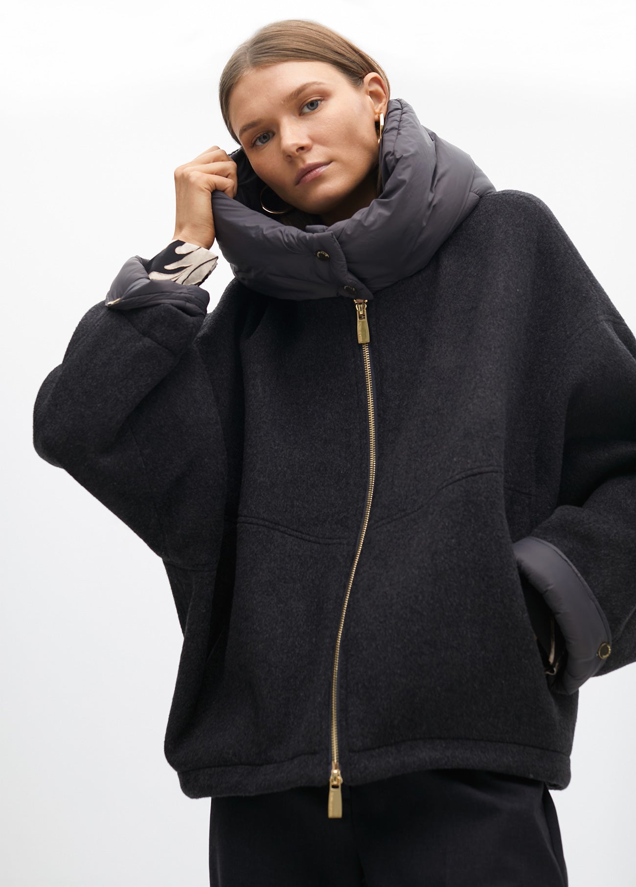Short Two-Material Coat with Hood