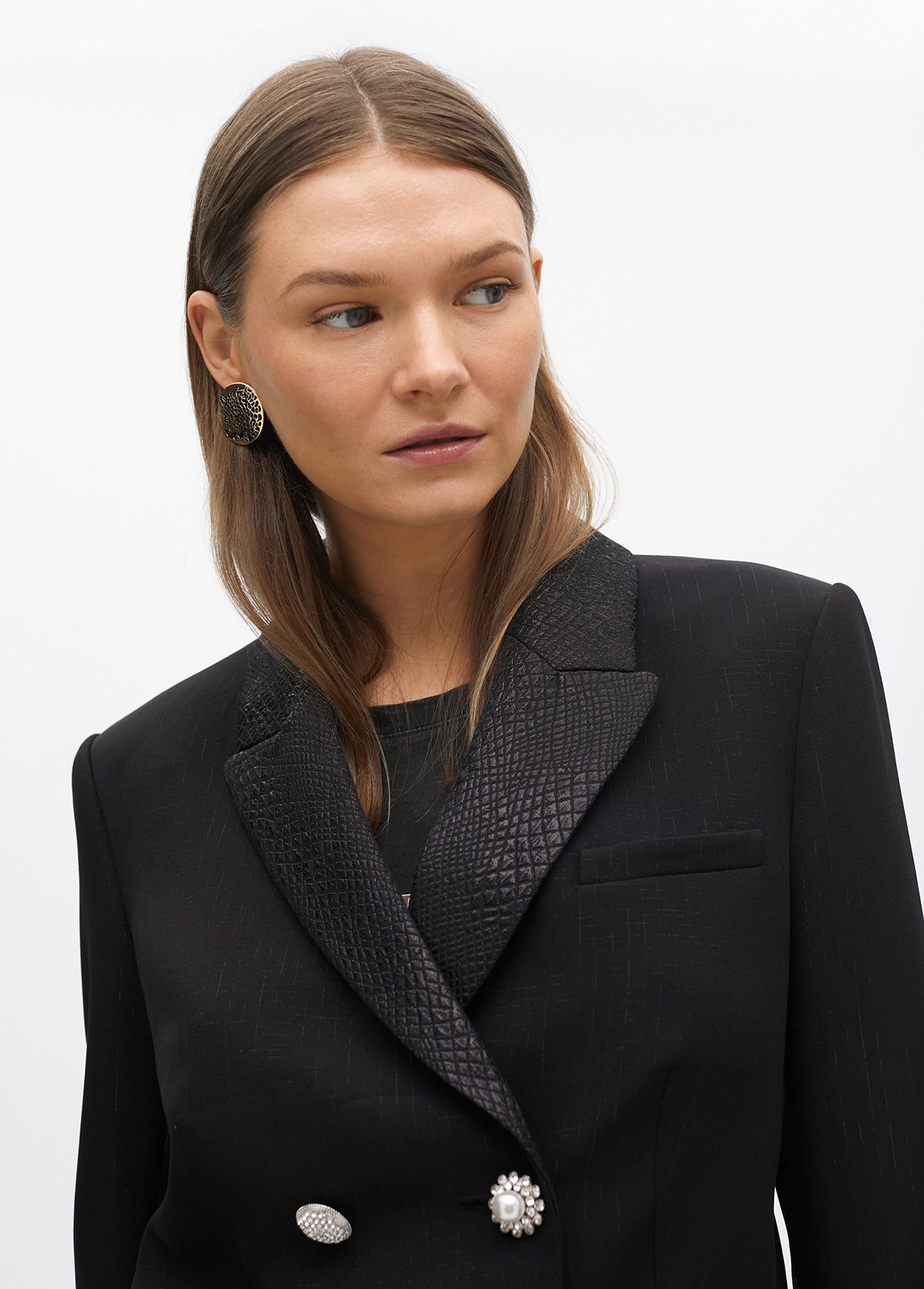 Short Blazer with Animal Print Lapel and Jewel Buttons