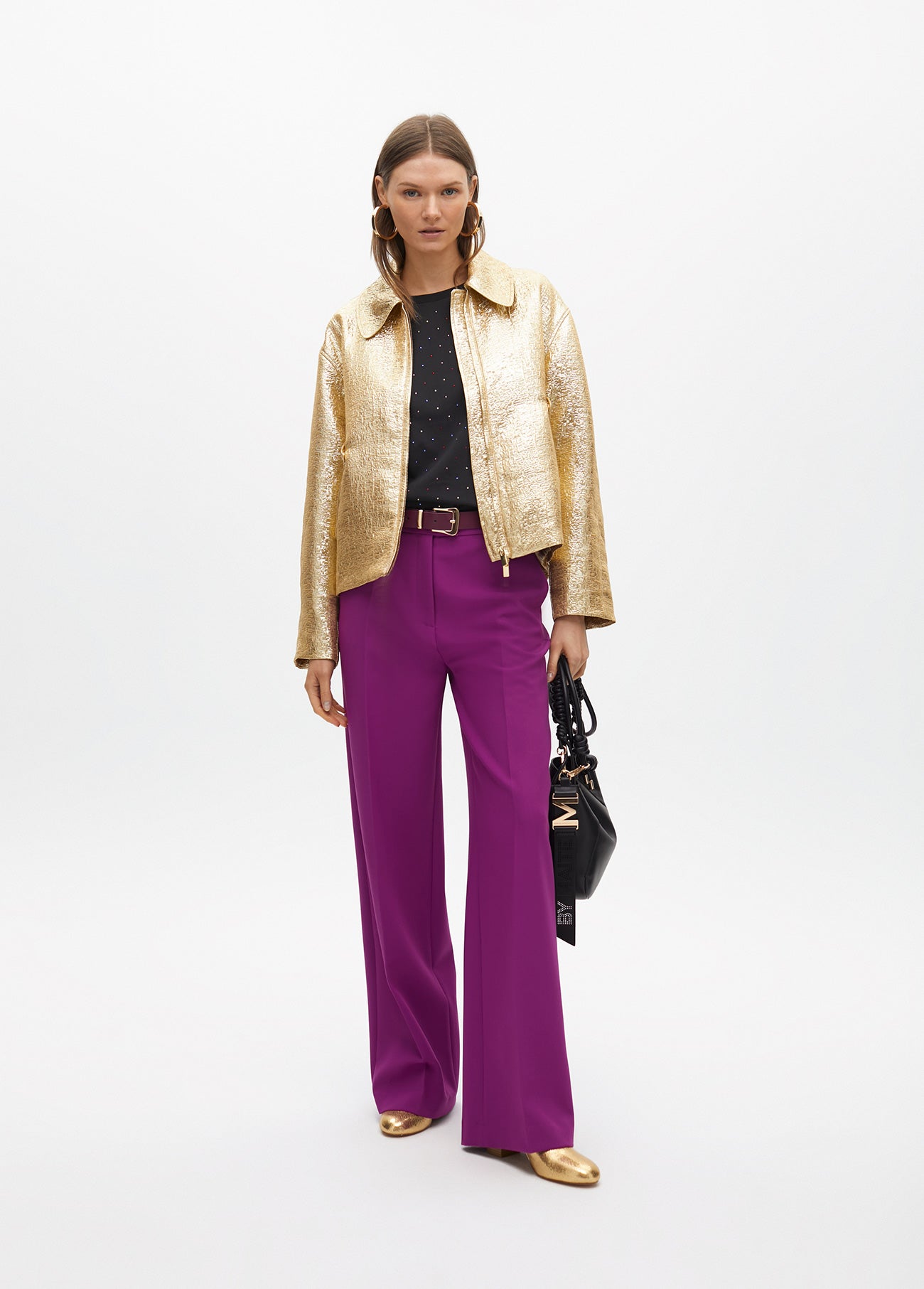 Crackle Effect Gold Bomber Jacket