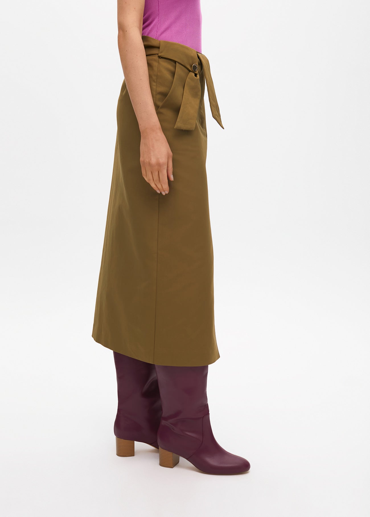 Midi Skirt with Bow Belt and Button Details