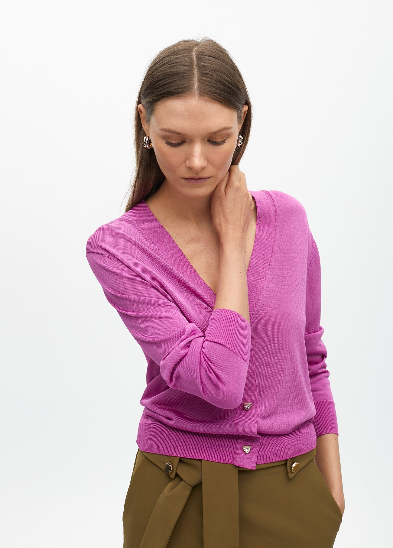 Closed cardigan with cool knit rib jewel buttons