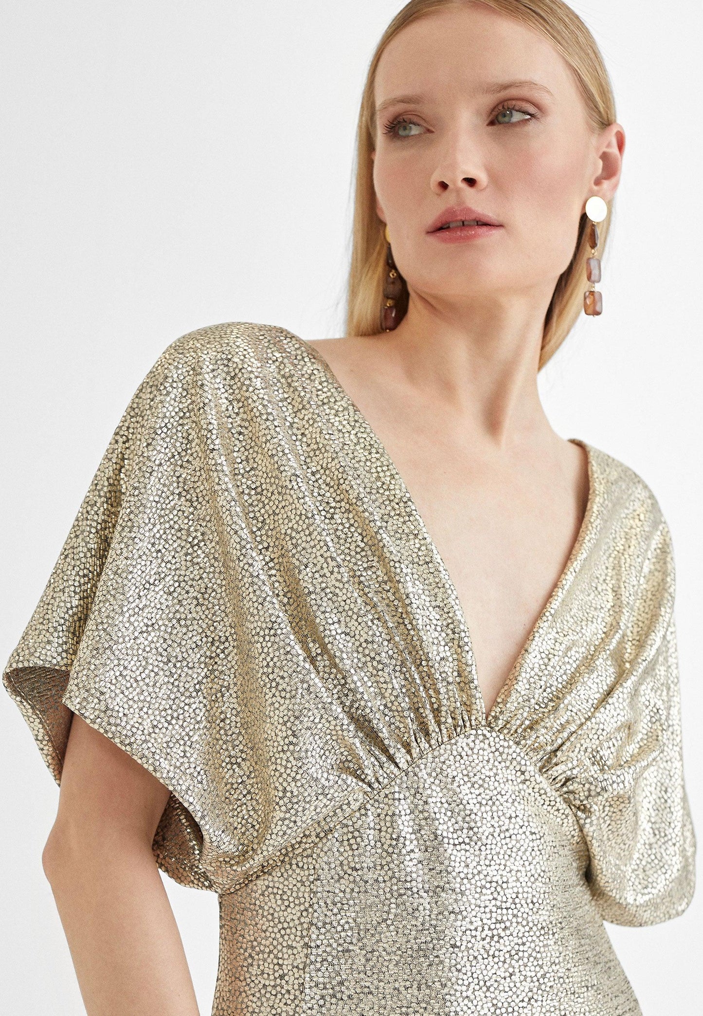 MS2416014-Gold-Long dress with wide short sleeves