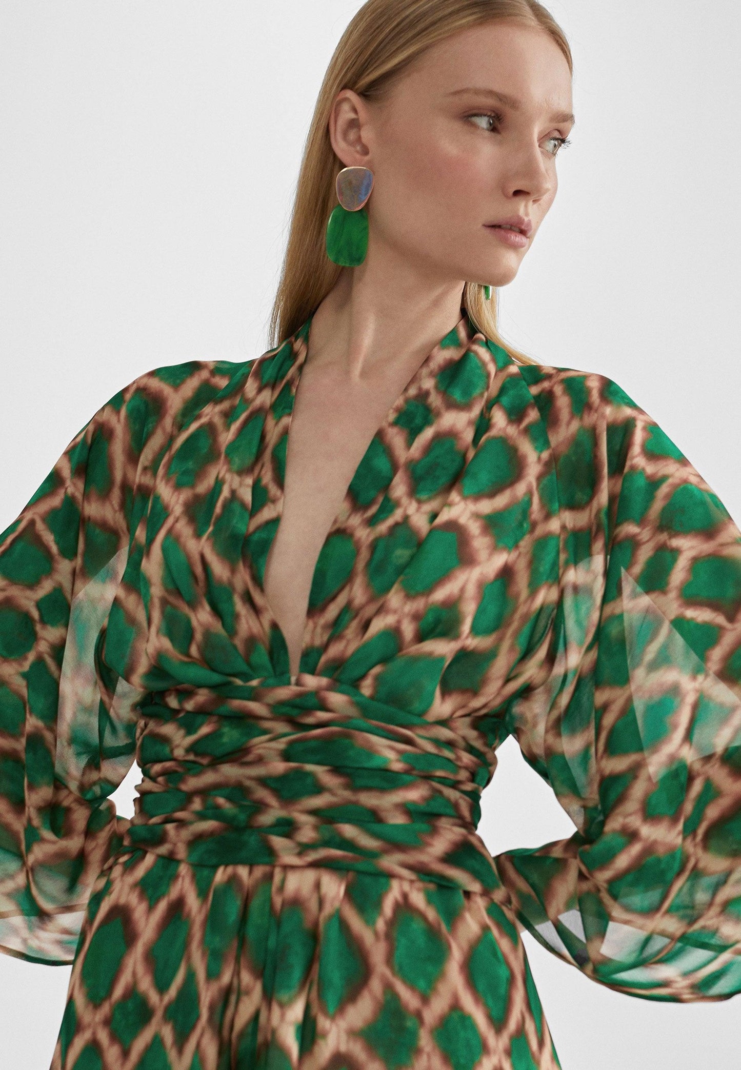 MS2416039-Green-Brown-Short flowing printed dress