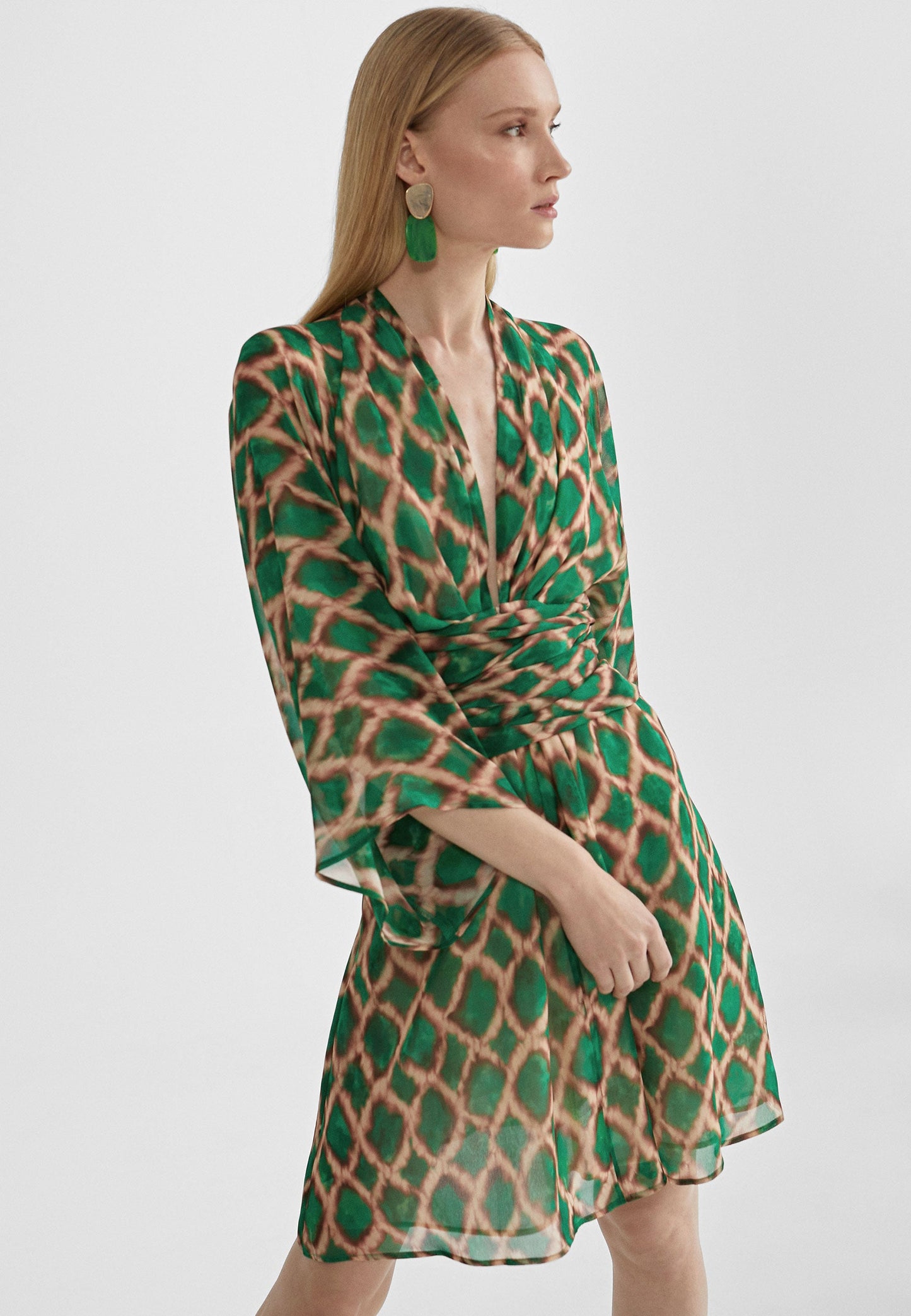 MS2416039-Green-Brown-Short flowing printed dress